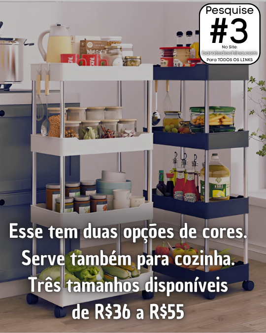 Carrinho organizador de plástico cinza com quatro níveis de prateleiras, exibindo cestos e produtos, em um canto do banheiro. ótimo armarinho para organizar o banheiro.
